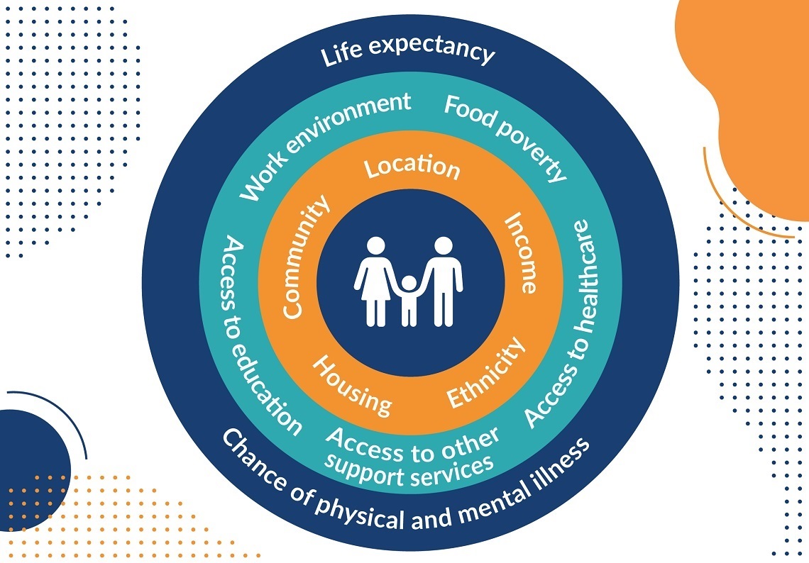 Outer circle: Life expectancy, chance of physical health and fitness, second circle: location, access to transport, work environment, ethnicity, food poverty, inner circle: community, housing